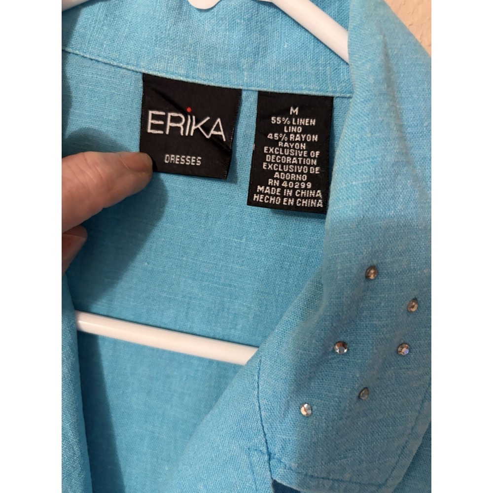 Vintage Erika Linen Blend Embroidered Butterfly Midi Shirtdress Blue Aqua 90s - Picture 7 of 11